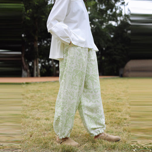 绽放059朵/二月春花亚麻印花清新减龄脚口弹力抽绳宽松休闲长裤女 商品图0