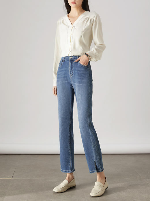 【1件72折】熙世界开叉牛仔裤女2025秋秋新款小个子直筒女裤高腰宽松显瘦裤子 商品图3