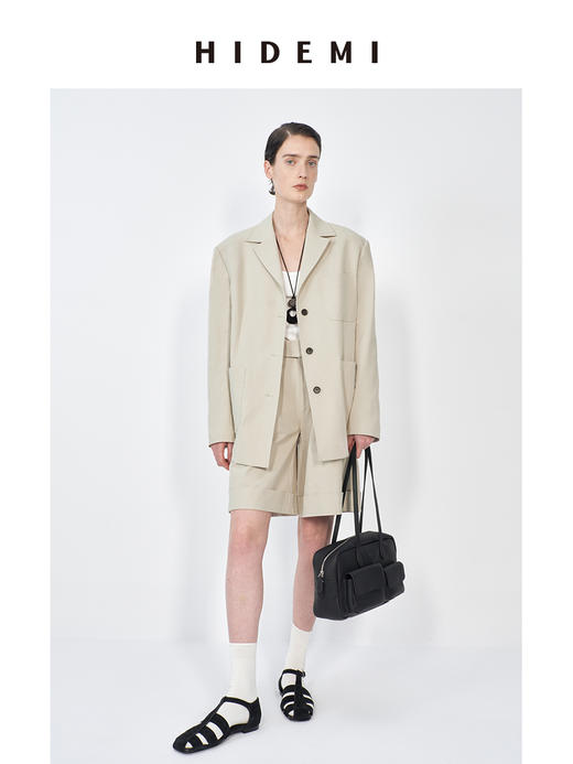 HIDEMI 米色轻盈亚麻设计感翻领贴袋大廓形西装中裤套装 商品图9