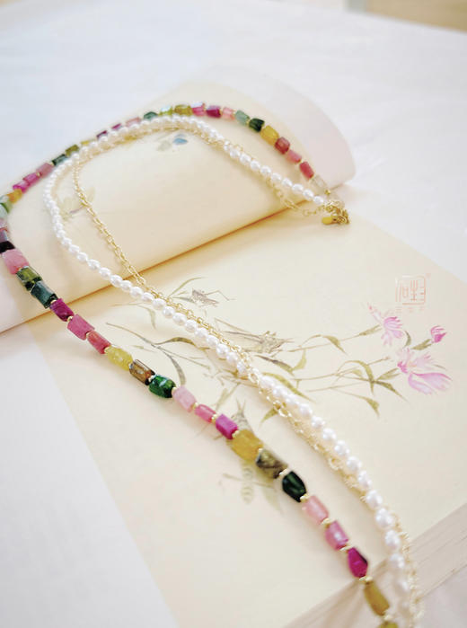 天然彩色碧玺巴洛克米珠金属设计三层项链 商品图2