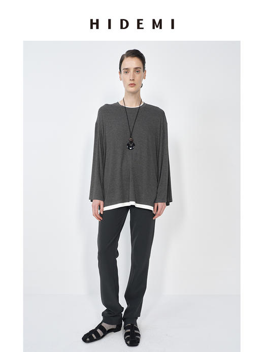 HIDEMI 经典简约拼色宽松假两件长袖T恤上衣 商品图0