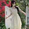夏季2025新款【法式名媛风 方领短袖连衣裙女】收腰显瘦设计感 时尚洋气公主裙 商品缩略图1