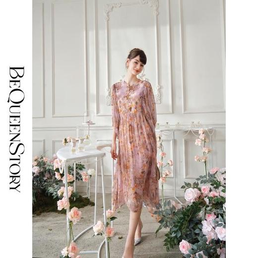 BeQueenStory【古法美人】原创花型100桑蚕丝度假泡泡袖女装连衣裙 商品图0