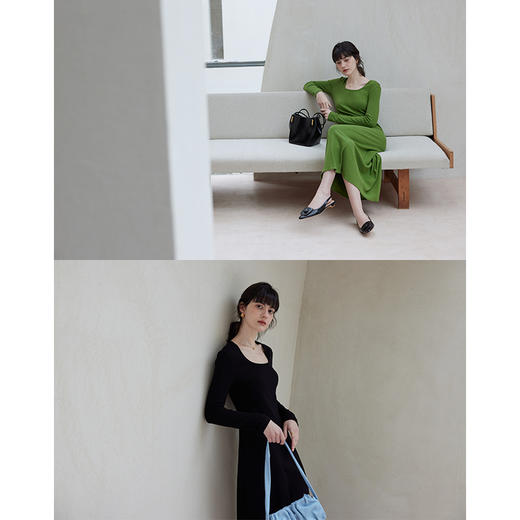 HeyDress方领针织连衣裙女春季法式复古收腰A字裙高级显瘦长裙子 商品图3