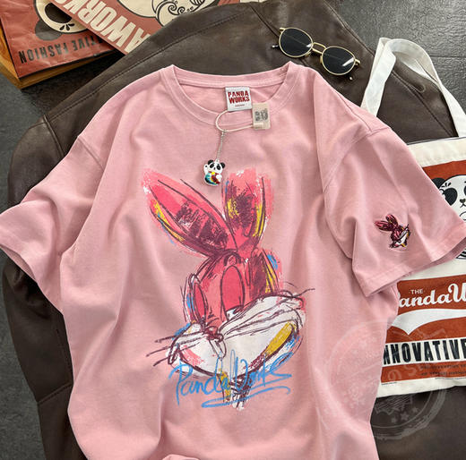 百媚生 卡通大兔子绘画休闲半袖圆领套头纯棉短袖T恤B32 商品图3