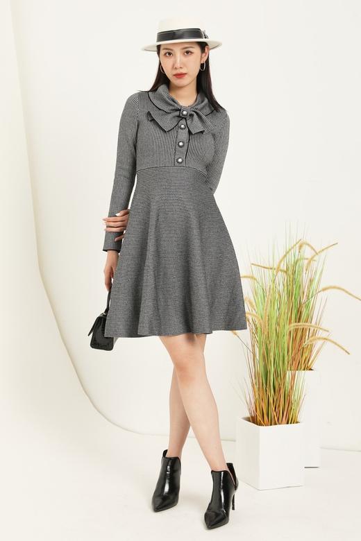 ELLA JADE 复古千鸟格纹领结收腰伞摆连衣裙 14872 商品图1