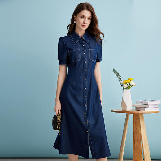 EITIE爱特爱衬衫领复古文艺显瘦修身a字牛仔连衣裙夏季新款B2407302 商品图4