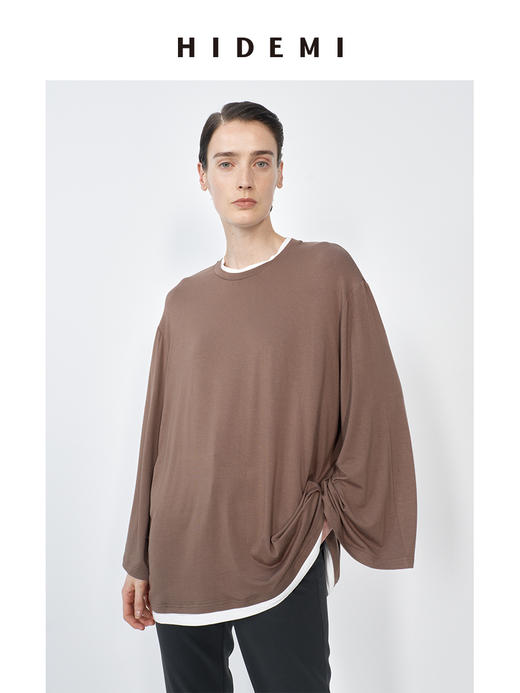 HIDEMI 经典简约拼色宽松假两件长袖T恤上衣 商品图5