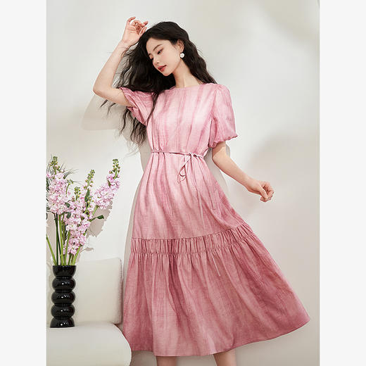 文艺慵懒气质扎染印花褶皱连衣裙女新款直筒长裙V0640524 商品图0