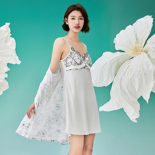 都市丽人好睡好眠春夏睡衣女冰雪丝印花家居服薄款吊带裙+外袍女士丝质套装LH44A4 商品图1