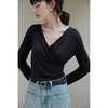 HeyDress长袖T恤女春季修身黑色内搭打底衫交叉V领设计感别致上衣 商品缩略图2