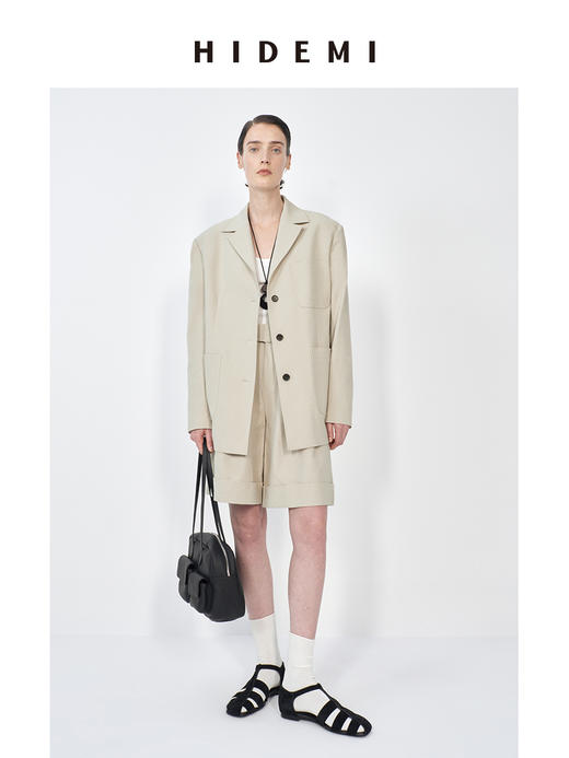 HIDEMI 米色轻盈亚麻设计感翻领贴袋大廓形西装中裤套装 商品图1