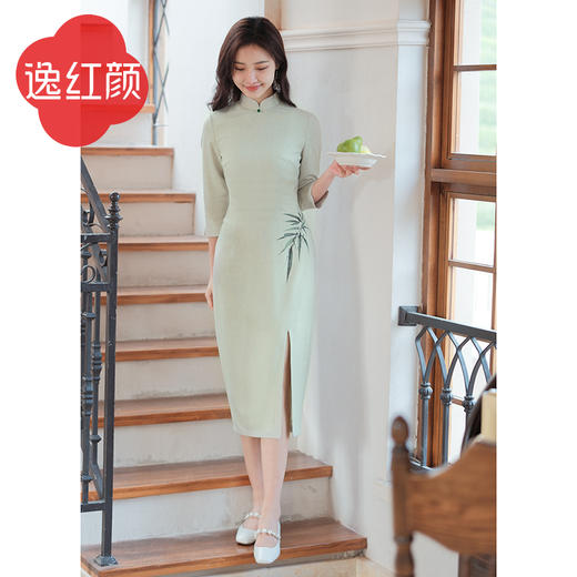 上海逸红颜冉竹2026年春季新款麻混纺印花极简文艺风旗袍连衣裙女 商品图2