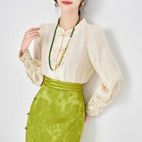 新中式重工天丝刺绣盘扣立领衬衣女装春季上衣WLZD-2403415