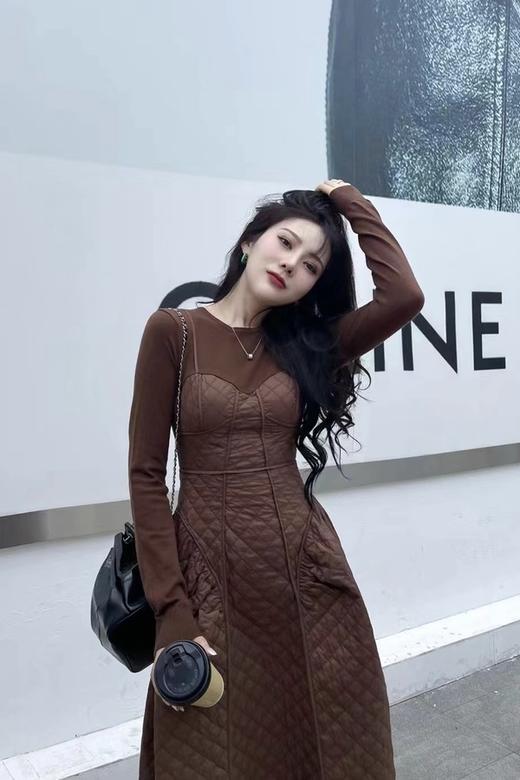 ANSUABEL 棕色圆领假两件连衣裙 15238 商品图0