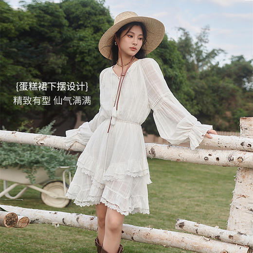 西遇收腰灯笼袖A摆连衣裙女新款显高氛围感蕾丝拼接裙子D0740432 商品图3