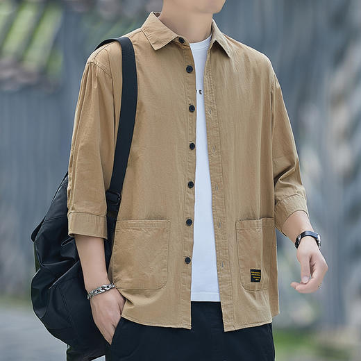 红览 纯棉七分袖衬衫男士港风休闲工装纯色衬衣外套Q622 商品图2