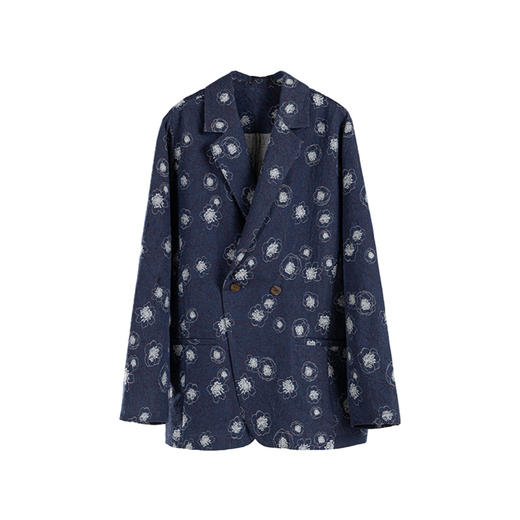 绽放086朵/原创设计立体浮雕提花藏青色天丝羊毛棉宽松显瘦西装 商品图3