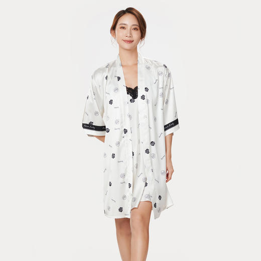 都市丽人生活家居春夏睡衣女冰雪丝印花家居服薄款吊带裙+外袍女士丝质套装LH44A3 商品图1