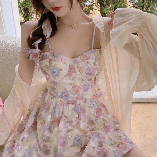 夏新款【大码女装 温柔风碎花吊带裙女】法式雪纺连衣裙 防晒衬衫两件套 商品图2