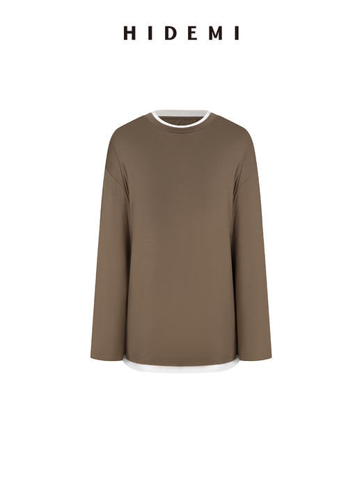 HIDEMI 经典简约拼色宽松假两件长袖T恤上衣 商品图6