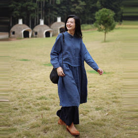 绽放065朵/2024早春新款天然色织亚麻格子腰间系绳旅游穿搭连衣裙