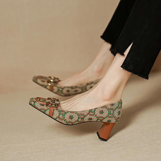 【预售5天】民族风高跟鞋方头单鞋女真皮粗跟工作鞋职场PS&PS766 商品图2