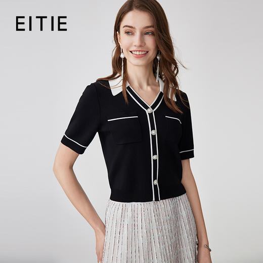 EITIE爱特爱时尚气质通勤撞色短款翻领针织T恤上衣夏季新款B2401302 商品图0