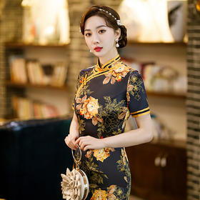 高开衩双层旗袍裙，修身印花国风旗袍CX-0650