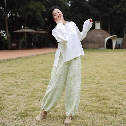 绽放059朵/二月春花亚麻印花清新减龄脚口弹力抽绳宽松休闲长裤女 商品图2