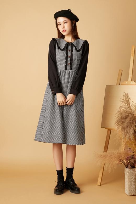 Le Malene 浪漫黑色格纹拼接连衣裙 10541 商品图0