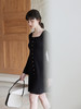 HeyDress法式方领针织连衣裙女春季复古排扣收腰设计长袖黑色裙子 商品缩略图1