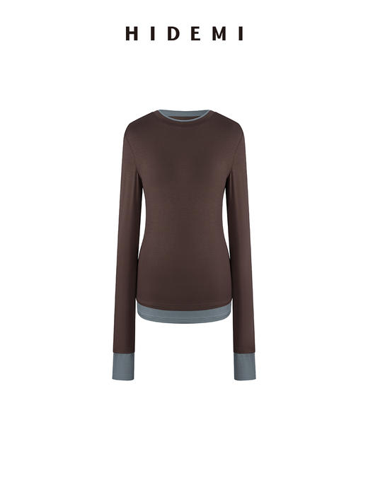 HIDEMI 【赵露思同款】经典简约拼色贴身假两件长袖T恤上衣 商品图11