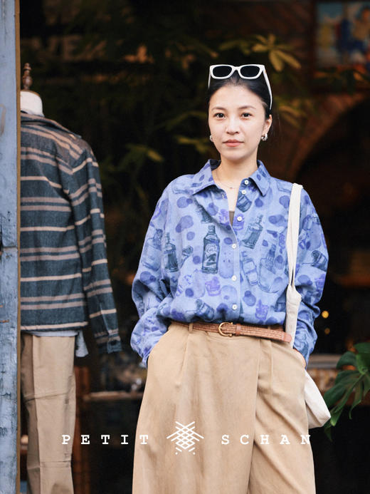 PETIT SCHAN小闪 CLO#350 take a sip 花间一壶酒 原创酒瓶手绘印花亚麻汉麻纯天然衬衫 商品图3