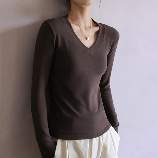百媚生 螺纹V领百搭纯色打底衫1667 商品图2