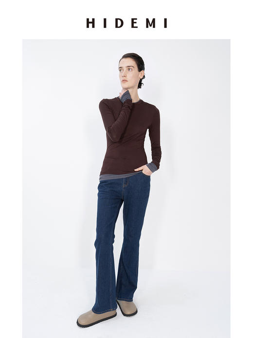 HIDEMI 【赵露思同款】经典简约拼色贴身假两件长袖T恤上衣 商品图7