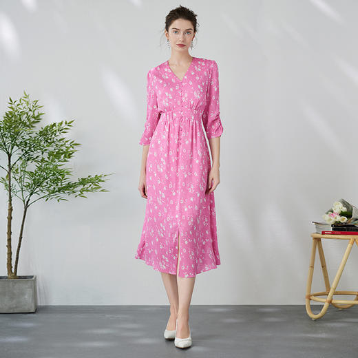 EITIE爱特爱复古V领法式碎花收腰先后桃红色连衣裙春季新款A2407335 商品图1