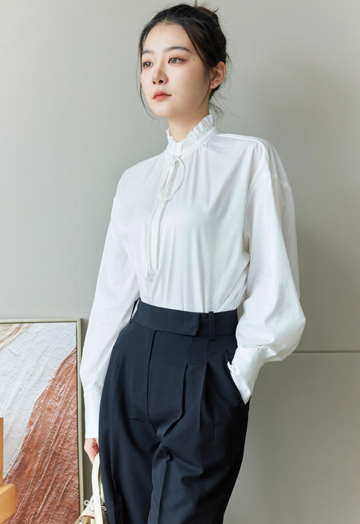 法式木耳边系带领衬衣 商品图1