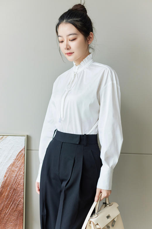 法式木耳边系带领衬衣 商品图2