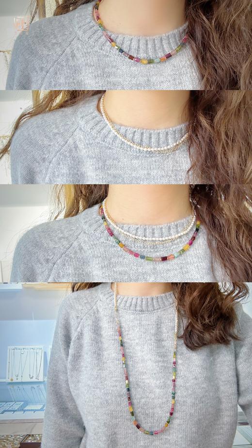 天然彩色碧玺巴洛克米珠金属设计三层项链 商品图8