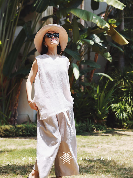 PETIT SCHAN小闪   CLO#250 Water Lily 睡莲 日本进口涤纶亚麻混纺春夏九分阔腿裤 商品图1