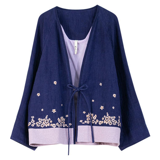 牧衣游原创 迎春花刺绣麻料外套新款复古文艺系带宽松开衫 梨花飘 商品图4