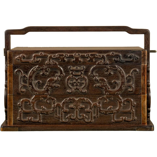 二十世纪 红木高浮雕螭龙捧寿两撞提梁盒 商品图5