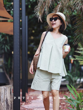 PETIT SCHAN小闪  CLO#287 Hollow Valley 空谷 日本进口天然感亚麻混纺A字无袖伞状背心/松紧腰基础短裤