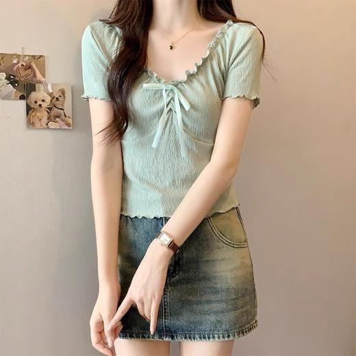 春夏新款【芭蕾风v领锁骨 显瘦辣妹短袖t恤女】设计感系带 小众半袖上衣 商品图1