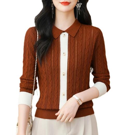 时尚气质翻领宽松针织衫，2024年春秋拼色套头长袖上衣短款打底衫CC-101-69126 商品图4