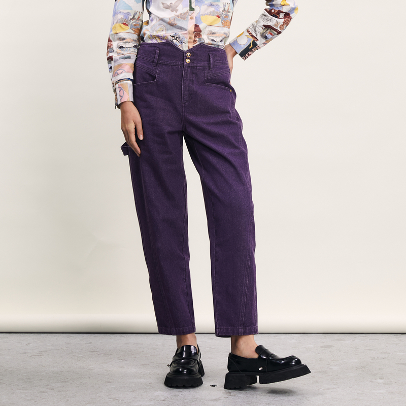 谜底紫色牛仔裤女2024春新款复古高腰两粒扣合身九分裤241MK0066