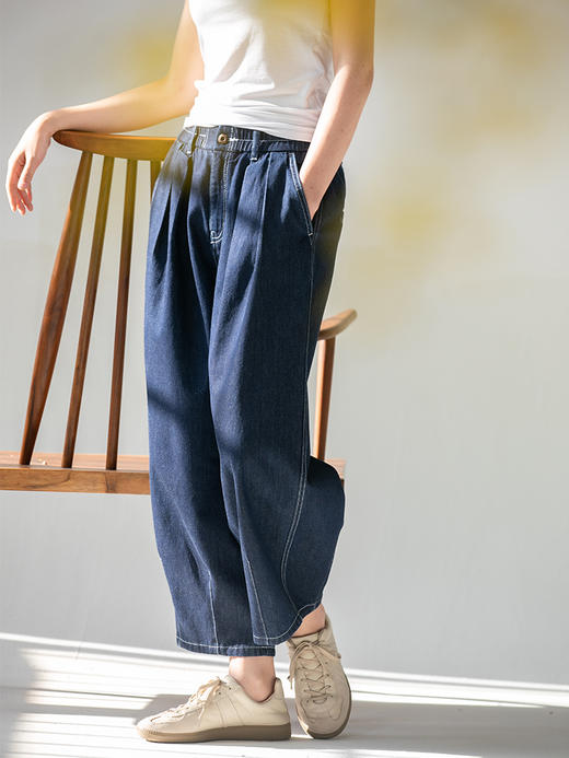 牧衣游原创 舒适棉质丹宁裤新款纯棉舒适复古宽松牛仔裤 倾杯乐 商品图0