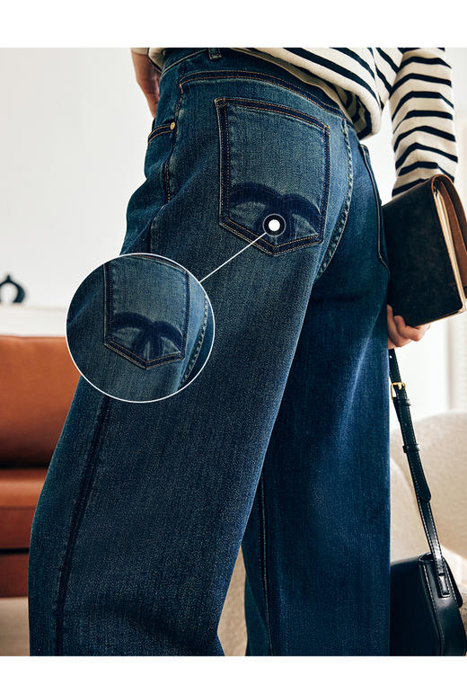 OLrain欧芮儿法式蓝色牛仔裤女早春2023年新款高腰直筒阔腿长裤 商品图5