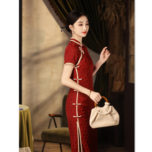 老上海复古国风长款双层短袖2024春夏新款冰丝织锦宴会旗袍裙SYK299058 商品图2
